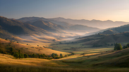 Golden sunlight bathing rolling hills and valley in misty mountains at dawn