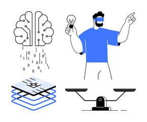 Human with VR headset holding a lightbulb, digital brain with binary code, layered microchip, and balance scale. Ideal for AI, innovation, technology, vision, learning interaction problem-solving