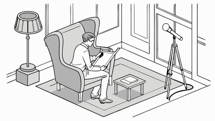 Isometric illustration of a person working at home in armchair with microphone on tripod stand.