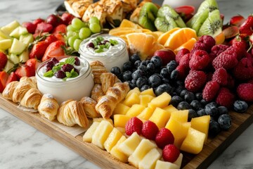 Fresh fruit and pastry breakfast platter with croissant twists, yogurt bowls topped with berries and mint, sliced mango, pineapple, grapes, kiwi and strawberries arranged on wooden board