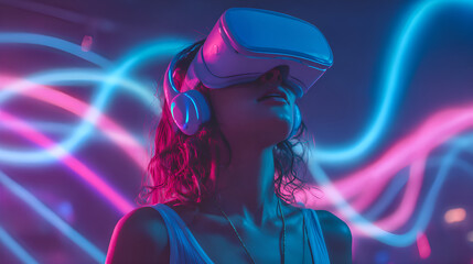 Woman wearing virtual reality headset and headphones immersed in metaverse experience