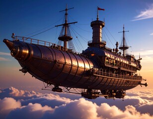 Futuristic Steampunk Battleship Soaring Through the Skies