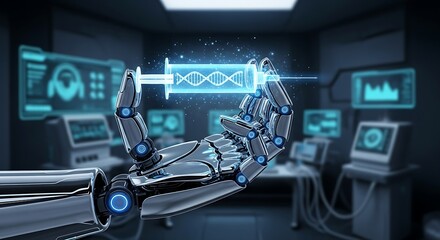 Robot hand holds syringe with glowing dna strand in futuristic laboratory, representing advancements in genetic engineering and medical technology, creating a sense of innovation.