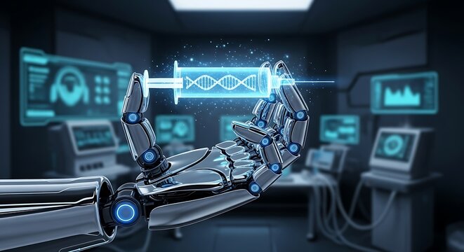 Robot hand holds syringe with glowing dna strand in futuristic laboratory, representing advancements in genetic engineering and medical technology, creating a sense of innovation.