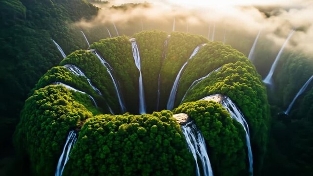 A digitally generated epic fantasy landscape of a verdant, ring-shaped mountain with countless waterfalls pouring into a mysterious core