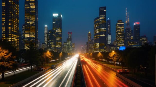 Time lapse of modern futuristic urban city skyline buildings and road cars traffic