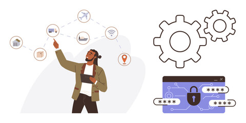 Man pointing at smart devices network with connection lines, cybersecurity padlock with asterisks, and gear icons. Ideal for tech management, IoT, digital security, data privacy, smart home, online