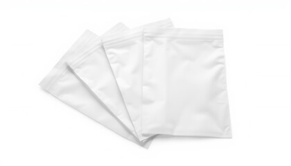 Four empty white packaging pouches arranged on a flat surface  