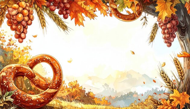 Fall harvest celebration with soft pretzel scenic countryside digital art autumn atmosphere eye-level view culinary delight
