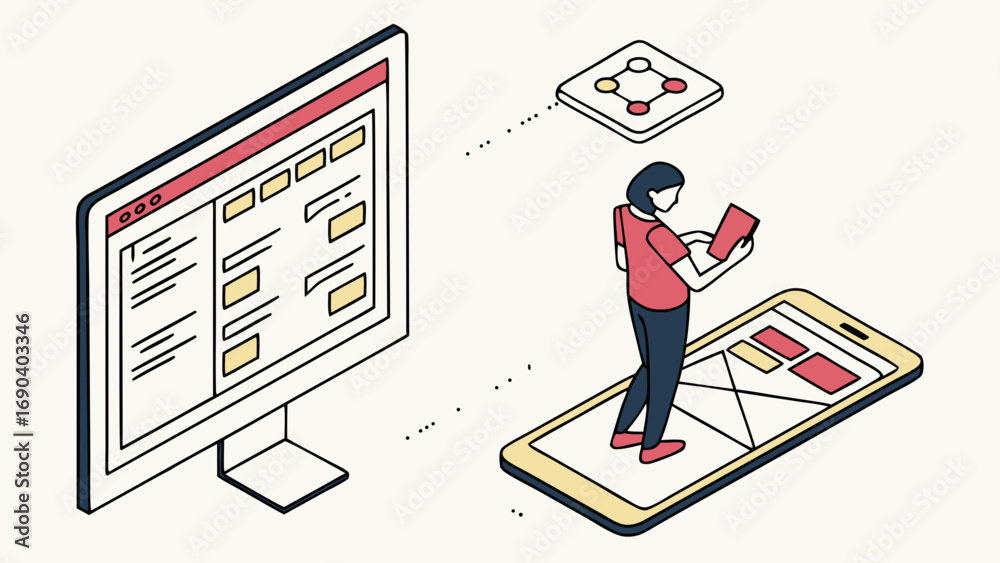 Wall mural isometric illustration of person using computer and mobile device for web design or app development.