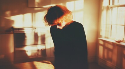 A woman in a black sweater is standing in a kitchen with sunlight shining on her. Scene is somewhat melancholic, as the woman is lost in thought