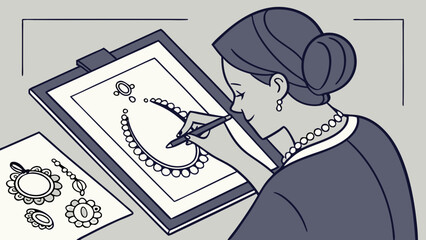 Jewellery Designer Sketching Necklace Design on Tablet Creative Process Fashion Illustration.