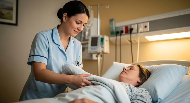Caring nurse assists patient lying in hospital bed, providing comfort and support during recovery, creating a feeling of reassurance and hope. - Powered by Adobe
