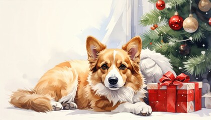 Joyful corgi celebrating christmas cozy living room digital artwork festive environment warm viewpoint holiday spirit