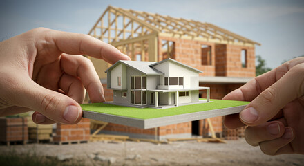 Hands holding a miniature model of a modern house with a construction site of a real house in the background
