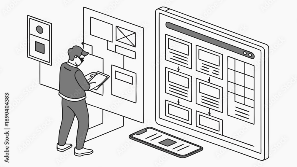 Wall mural Isometric Illustration of User Interface Design and Development Process on Computer Tablet and Mobile Phone.
