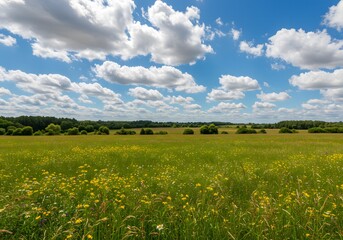 Obraz premium Expansive green meadow with vibrant yellow wildflowers stretching towards a distant forest under a beautiful blue sky with fluffy white clouds