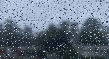 Obraz premium Raindrops clinging to a window pane, creating a beautiful abstract pattern against a blurred, moody background of trees on an overcast day