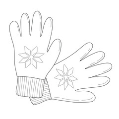 Vector illustration of autumn, winter gloves with snowflakes pattern. Simple black outline, perfect for Christmas, New Year, winter design, coloring books, textiles and holiday decor.
