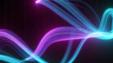 Dynamic neon light strands weave through dark space, creating an ethereal and futuristic digital art motion background for technology and innovation themes. - Powered by Adobe