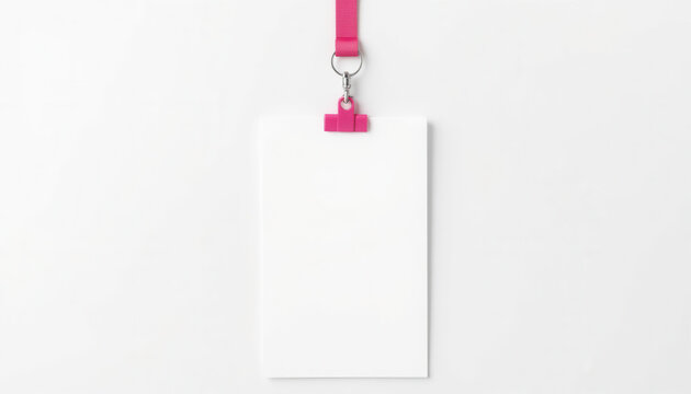 Blank white card on pink clip hanging against white background  