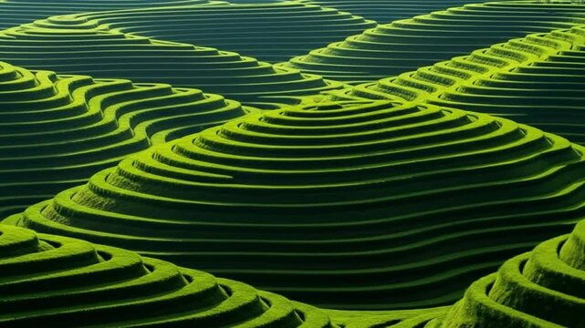 Aerial drone view of vibrant green terraced rice fields creating a stunning abstract pattern across rolling hills in Asia