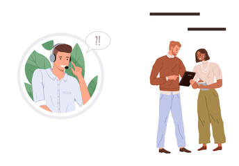 Man with headset assisting a customer in circular frame. Two colleagues reviewing data on a tablet. Ideal for team collaboration, customer service, strategy, troubleshooting, consulting, teamwork