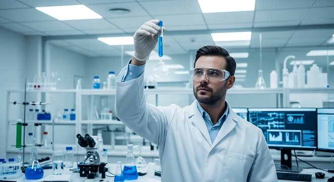 Scientist examines blue liquid in test tube in modern laboratory, wearing safety glasses and lab coat, showcasing scientific research and discovery.