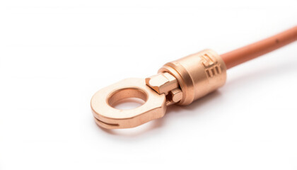 Copper electrical terminal connector with wire on white background  