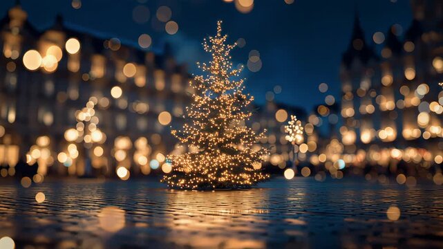Illuminated christmas tree celebration city square nighttime scene urban environment festive atmosphere