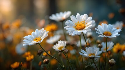 Beautiful close-up of fresh white daisies with bright yellow centers in a sun-drenched field. The soft focus background has golden bokeh.