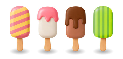 3D Ice Cream Popsicles Flat Summer Icon Realistic Vector Set Frozen Dessert