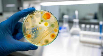 Scientist holding petri dish with bacterial cultures in laboratory for medical research and pharmaceutical development, highlighting scientific discovery.