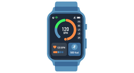 A blue smartwatch displays health data including heart rate, calories burned, and activity tracking icons on a dark screen.