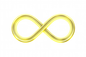 Golden infinity symbol is glowing on a transparent background, representing eternity, limitlessness, and endless possibilities