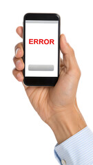 Hand holding a smartphone displaying error on  screen