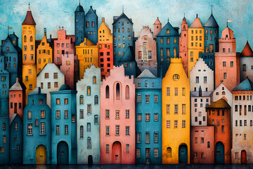 Vibrant cityscape filled with colorful buildings under a bright blue sky, depicting a whimsical urban landscape
