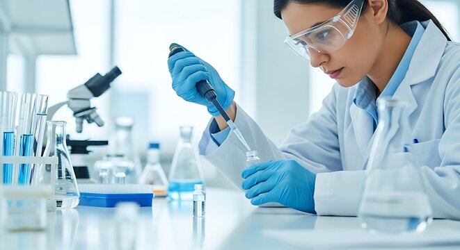Focused female scientist carefully pipetting liquid into a test tube in a bright laboratory, conducting research with precision and dedication.