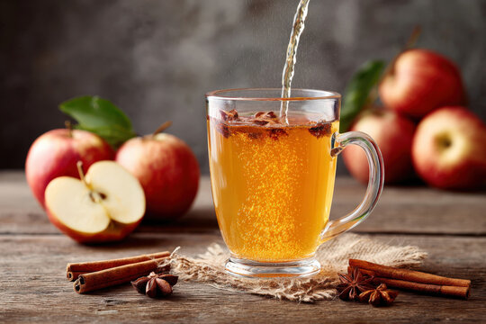Fresh Apple Cider Pouring into Glass Mug with Red Apples Cinnamon Sticks Star Anise