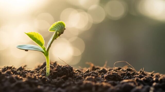 A small green sprout emerges from rich fertile soil with a blurred background of warm morning sunlight, representing a new beginning and growth