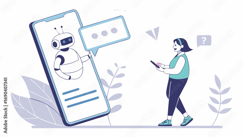 Wall mural smartphone app interface with chatbot and user.