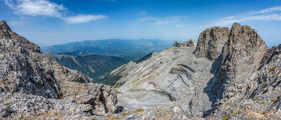 Panorama of the summit Mytikas and other peaks of Olympus the highest mountain in Greece in summer.