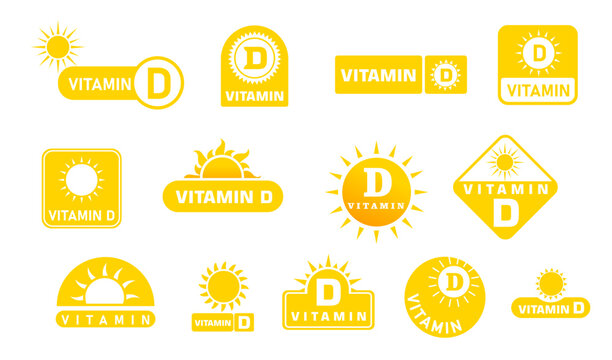 Set of icons with yellow symbol vitamin D. Icon vector set. Yellow, gold capsule diet supplement with sun symbol illustration. Vector sun and vitamin D.