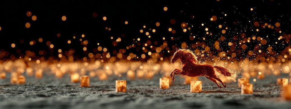 Magical snowy field illuminated by glowing fire and a galloping horse at dusk