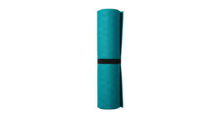 Rolledup teal yoga mat secured with a black elastic band, isolated on transparent background