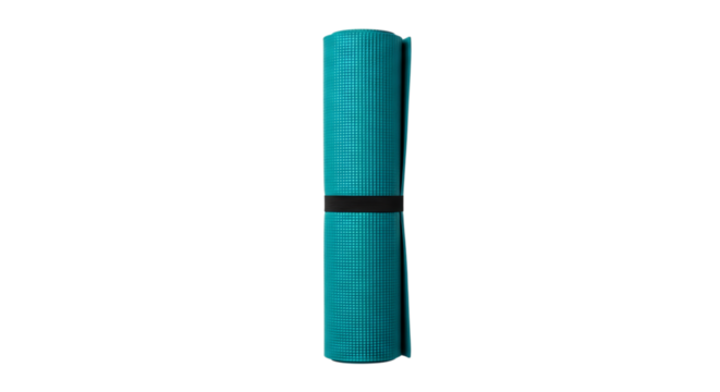 Rolledup teal yoga mat secured with a black elastic band, isolated on transparent background