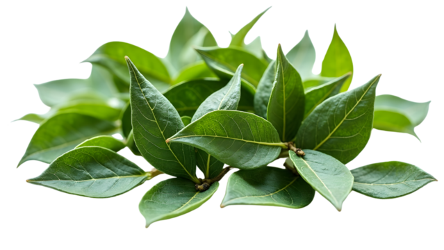 A cluster of fresh, glossy green bay leaves, isolated on a transparent background, ready for culinary use