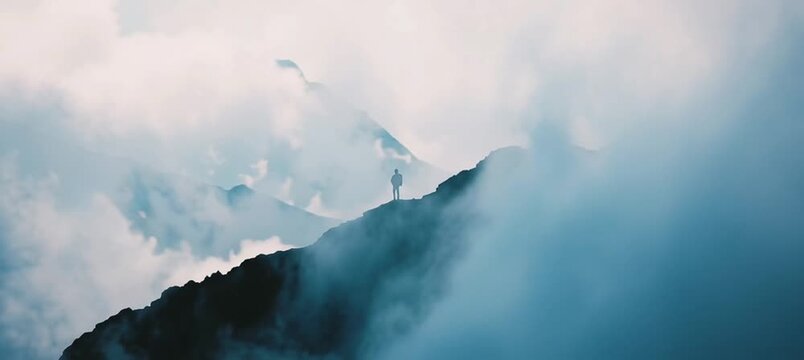 Person in the mist, epic mountains, mist and fog, adventure, exploration, hiking, achievement, new heights, landscape, travel, backpacking