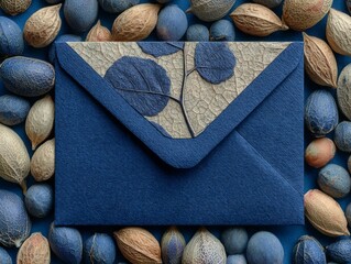 Elegant blue envelope with leaf texture, surrounded by natural seed pods, representing communication and organic design