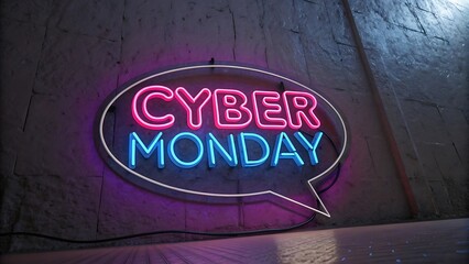Cyber monday neon sign in speech bubble on concrete wall, advertising online sales and discounts for the shopping holiday event